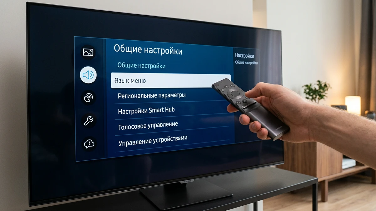 Меню настроек Tizen OS и выбор русского языка на телевизоре Samsung