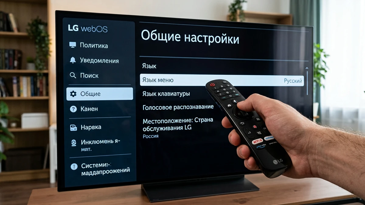 Меню настроек LG webOS и выбор страны обслуживания