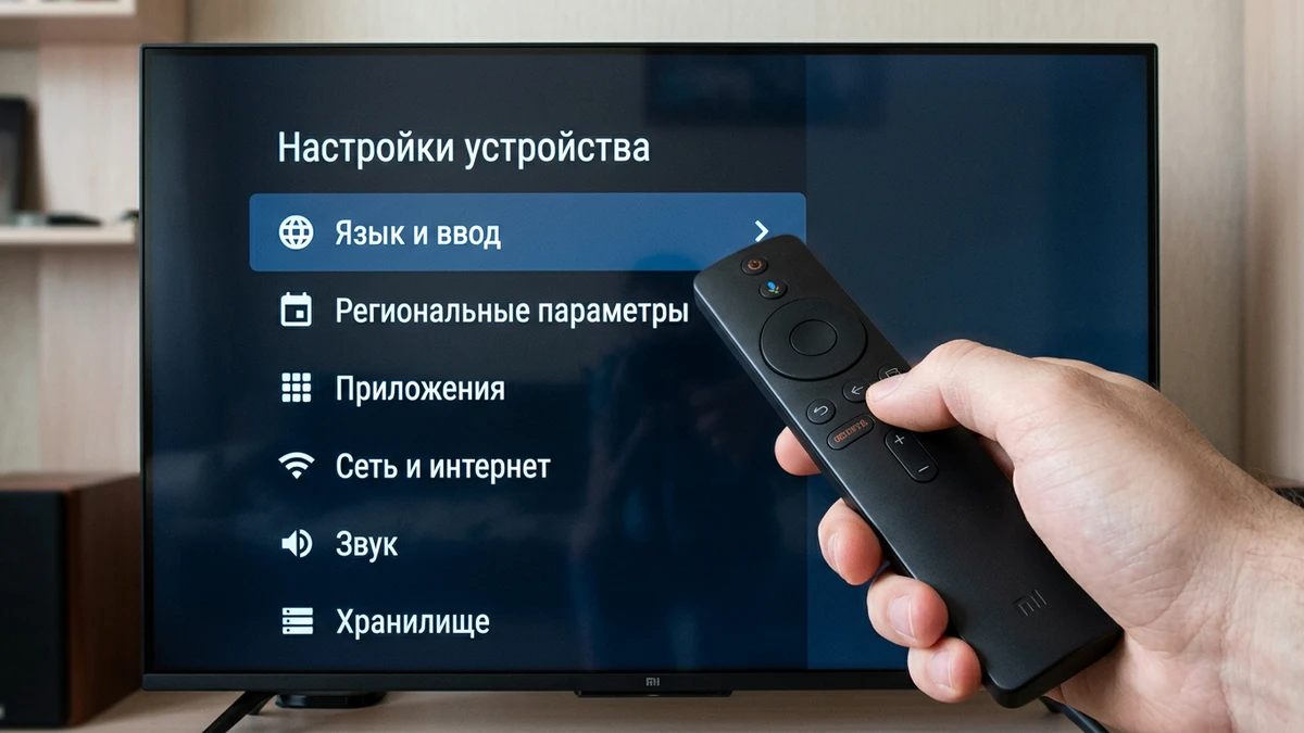 Меню настроек Android TV и выбор русского языка на телевизоре Xiaomi